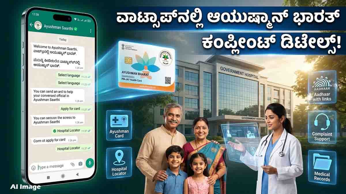 ವಾಟ್ಸಾಪ್ ಗೆ ಬಂತು ಆಯುಷ್ಮಾನ್ ಭಾರತ್ ಸೇವೆ: ‘ಆಯುಷ್ಮಾನ್ ಸಾರಥಿ’ (Ayushman Saarthi)ಯಿಂದಾಗಿ ಇನ್ಮುಂದೆ ಎಲ್ಲವೂ ಸುಲಭ! 1 Ayushman Saarthi WhatsApp chatbot helps PM-JAY beneficiaries download Ayushman Card, complete e-KYC, and access healthcare services online.