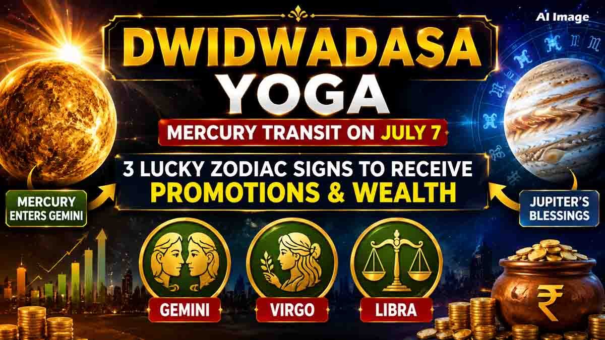 Dwidwadasa Yoga : ಮಿಥುನ ರಾಶಿಗೆ ಬುಧನ ಪ್ರವೇಶ; ದ್ವಿದ್ವಾದಶ ಯೋಗದಿಂದ ಬೆಳಗಲಿದೆ ಈ ರಾಶಿಗಳ ಭವಿಷ್ಯ! 1 Dwidwadasa Yoga formed by Mercury transit in July 2026 brings career growth, promotions, wealth, and good fortune for Gemini, Virgo, and Libra.