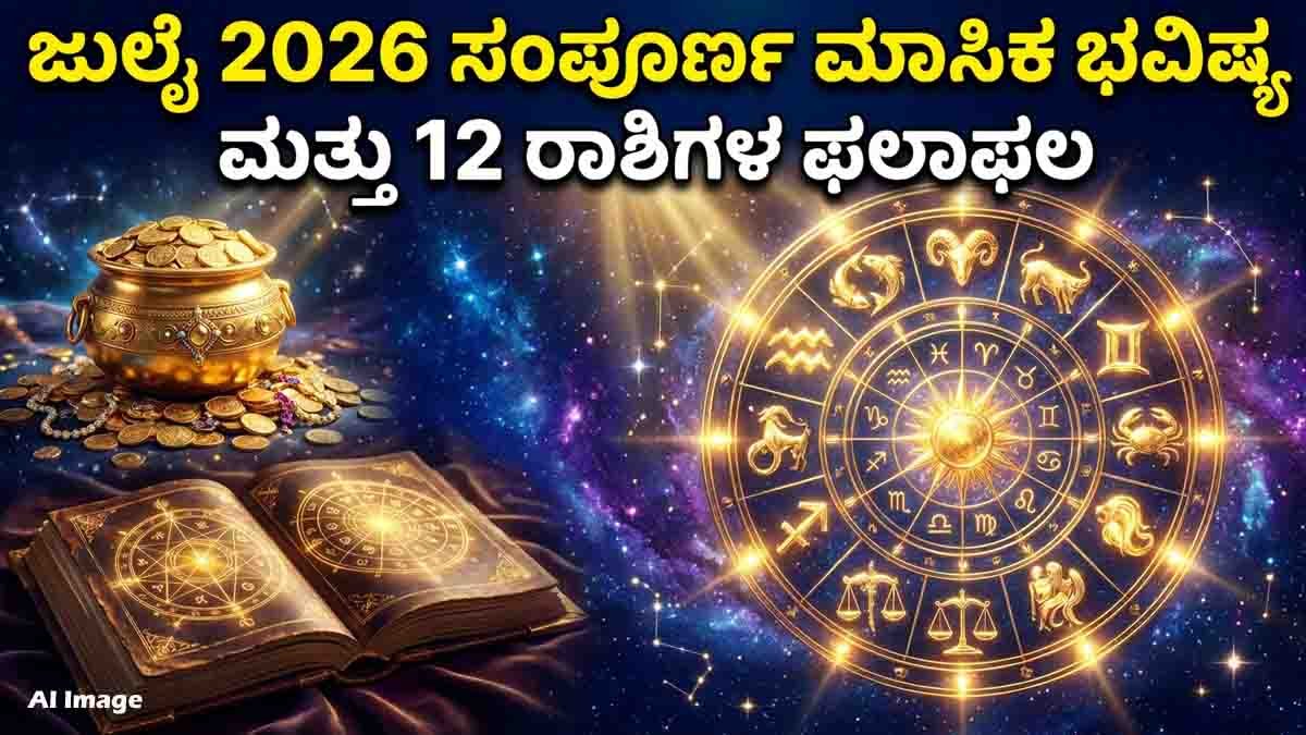 July 2026 Horoscope : ಜುಲೈ 2026 ಮಾಸಿಕ ಭವಿಷ್ಯ, ಆರ್ಥಿಕ ವಿಚಾರಗಳಲ್ಲಿ ಈ ರಾಶಿಯವರಿಗೆ ಶುಭ ಸುದ್ದಿ.. 12 ರಾಶಿಗಳ ಫಲಾಫಲ ಇಲ್ಲಿದೆ 2 July 2026 Horoscope featuring monthly astrology predictions for all 12 zodiac signs, including career, finance, love, health, and lucky opportunities.