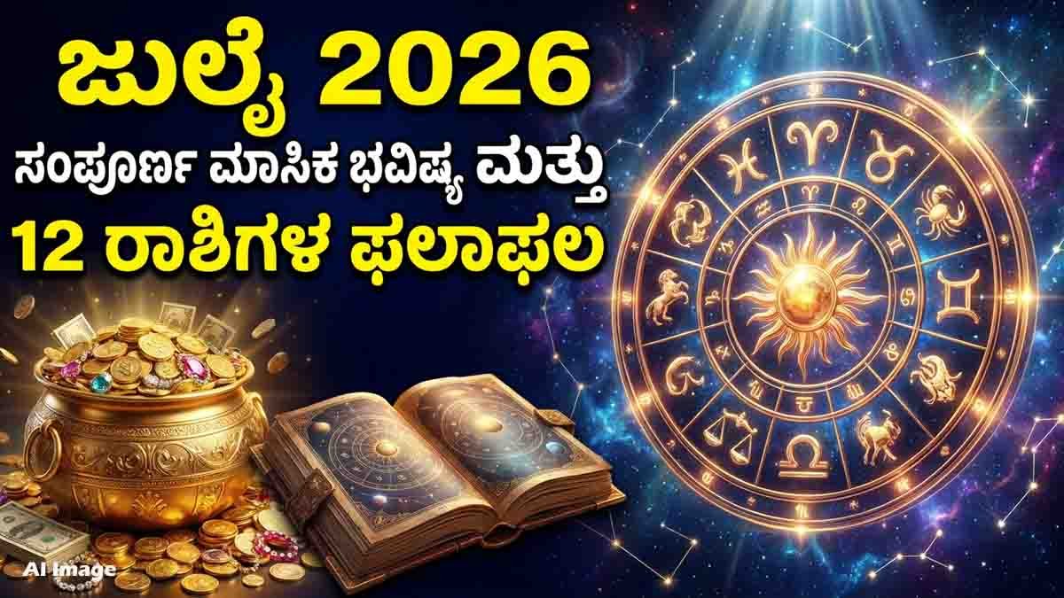 July 2026 Horoscope : ಜುಲೈ 2026 ಮಾಸಿಕ ಭವಿಷ್ಯ, ಆರ್ಥಿಕ ವಿಚಾರಗಳಲ್ಲಿ ಈ ರಾಶಿಯವರಿಗೆ ಶುಭ ಸುದ್ದಿ.. 12 ರಾಶಿಗಳ ಫಲಾಫಲ ಇಲ್ಲಿದೆ 3 July 2026 Horoscope featuring monthly astrology predictions for all 12 zodiac signs, including career, finance, love, health, and lucky opportunities.