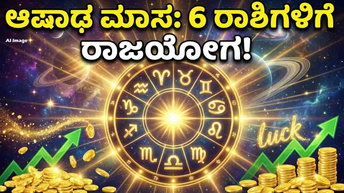 Lucky Zodiac Signs : ಆಷಾಢ ಮಾಸದಲ್ಲಿ 6 ರಾಶಿಗಳಿಗೆ ಅಖಂಡ ಐಶ್ವರ್ಯ, ಸುಖ-ಸಂತೋಷದ ಯೋಗ, ನಿಮ್ಮ ರಾಶಿ ಇದೆಯಾ ಚೆಕ್ ಮಾಡಿ! 1 Lucky Zodiac Signs in Ashadha Month 2026 featuring Aries, Taurus, Cancer, Leo, Libra, and Capricorn with astrology symbols representing wealth, career growth, and prosperity.
