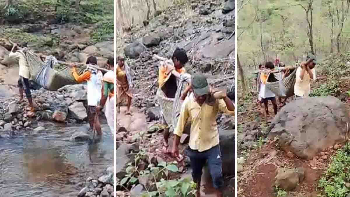 Mumbai pregnant woman being carried by villagers in a cloth hammock after an ambulance could not reach the tribal village due to the lack of a road.