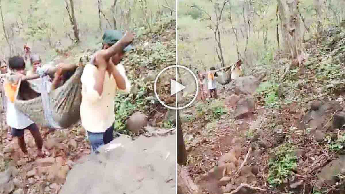 Mumbai pregnant woman being carried by villagers in a cloth hammock after an ambulance could not reach the tribal village due to the lack of a road.