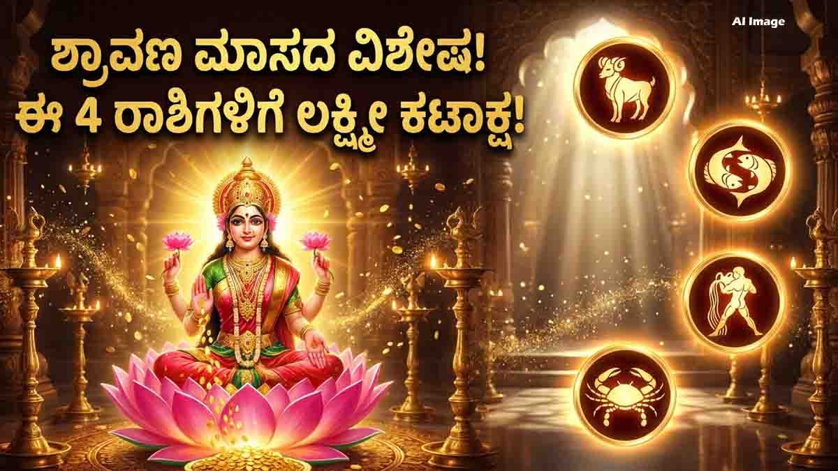 Shravan Masa 2026 astrology prediction featuring Goddess Lakshmi with Aries, Pisces, Aquarius, and Cancer zodiac signs receiving wealth, prosperity, financial success, and career growth.