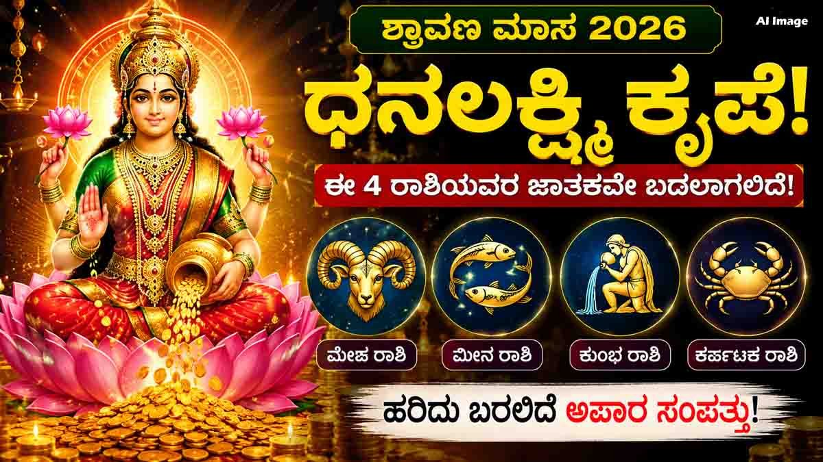 Shravan Masa 2026 astrology prediction featuring Goddess Lakshmi with Aries, Pisces, Aquarius, and Cancer zodiac signs receiving wealth, prosperity, financial success, and career growth.
