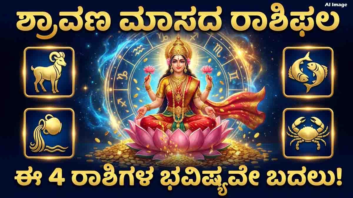 Shravan Masa 2026 astrology prediction featuring Goddess Lakshmi with Aries, Pisces, Aquarius, and Cancer zodiac signs receiving wealth, prosperity, financial success, and career growth.
