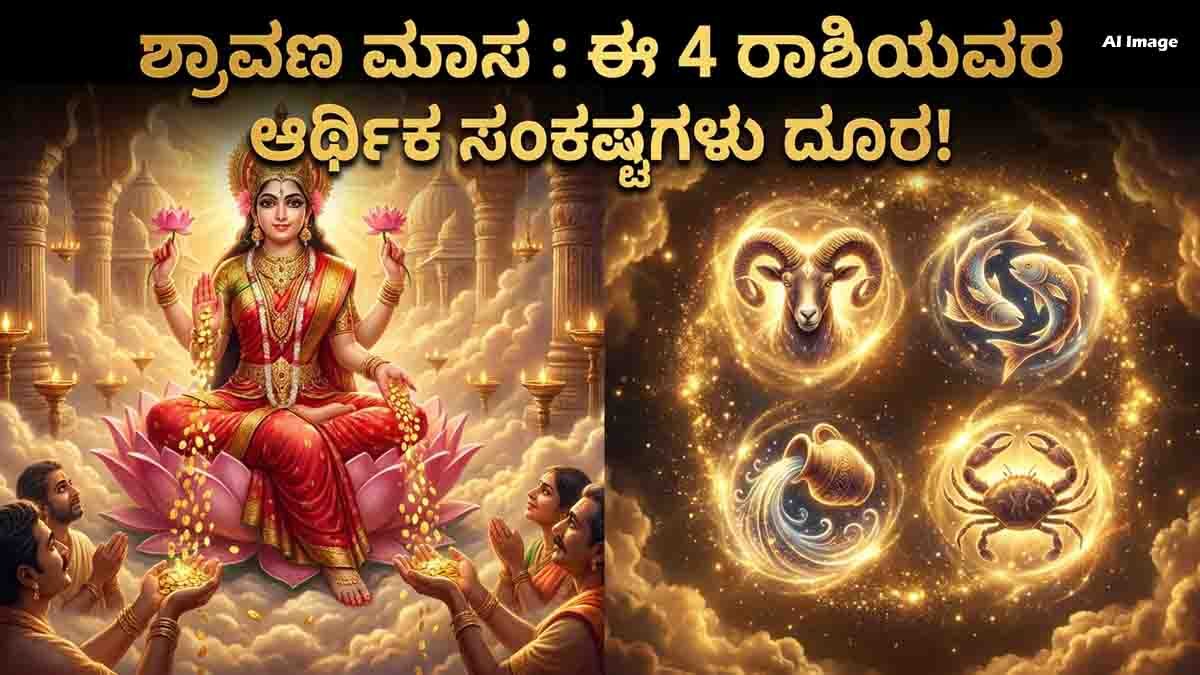 Shravan Masa 2026 astrology prediction featuring Goddess Lakshmi with Aries, Pisces, Aquarius, and Cancer zodiac signs receiving wealth, prosperity, financial success, and career growth.