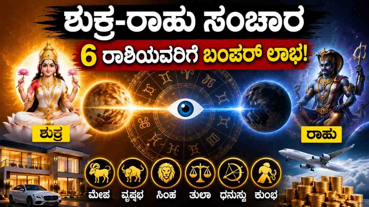 Venus Rahu Transit : ಶುಕ್ರನ ಸಂಚಾರದಿಂದ ಈ 6 ರಾಶಿಯವರಿಗೆ ಭಾರಿ ಧನಲಾಭ, ವಿದೇಶಿ ಯೋಗದ ಬಂಪರ್ ಆಫರ್! 4 Venus Rahu Transit 2026 brings wealth, foreign opportunities, career growth, and financial success for six lucky zodiac signs.
