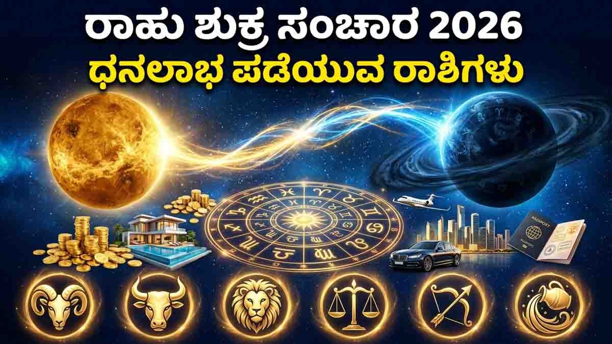 Venus Rahu Transit : ಶುಕ್ರನ ಸಂಚಾರದಿಂದ ಈ 6 ರಾಶಿಯವರಿಗೆ ಭಾರಿ ಧನಲಾಭ, ವಿದೇಶಿ ಯೋಗದ ಬಂಪರ್ ಆಫರ್! 1 Venus Rahu Transit 2026 brings wealth, foreign opportunities, career growth, and financial success for six lucky zodiac signs.