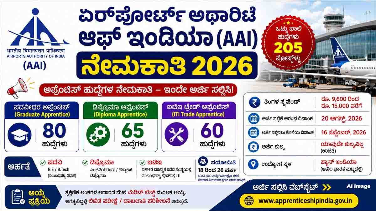 AAI Recruitment 2026 : ಏರ್ಪೋರ್ಟ್ ಅಥಾರಿಟಿ ಆಫ್ ಇಂಡಿಯಾದಲ್ಲಿ 205 ಅಪ್ರೆಂಟಿಸ್ ಹುದ್ದೆಗಳ ನೇಮಕಾತಿ: ಇಂದೇ ಅರ್ಜಿ ಸಲ್ಲಿಸಿ! 2 AAI Recruitment 2026 notification for 205 Graduate, Diploma and ITI Apprentice vacancies