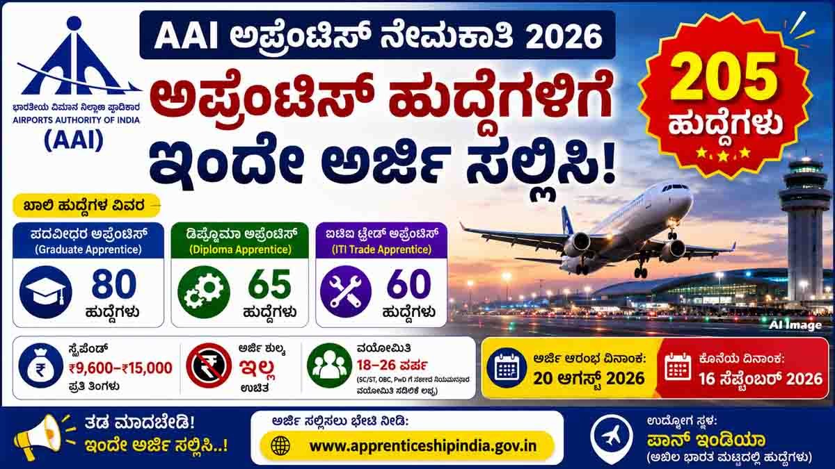 AAI Recruitment 2026 : ಏರ್ಪೋರ್ಟ್ ಅಥಾರಿಟಿ ಆಫ್ ಇಂಡಿಯಾದಲ್ಲಿ 205 ಅಪ್ರೆಂಟಿಸ್ ಹುದ್ದೆಗಳ ನೇಮಕಾತಿ: ಇಂದೇ ಅರ್ಜಿ ಸಲ್ಲಿಸಿ! 1 AAI Recruitment 2026 notification for 205 Graduate, Diploma and ITI Apprentice vacancies