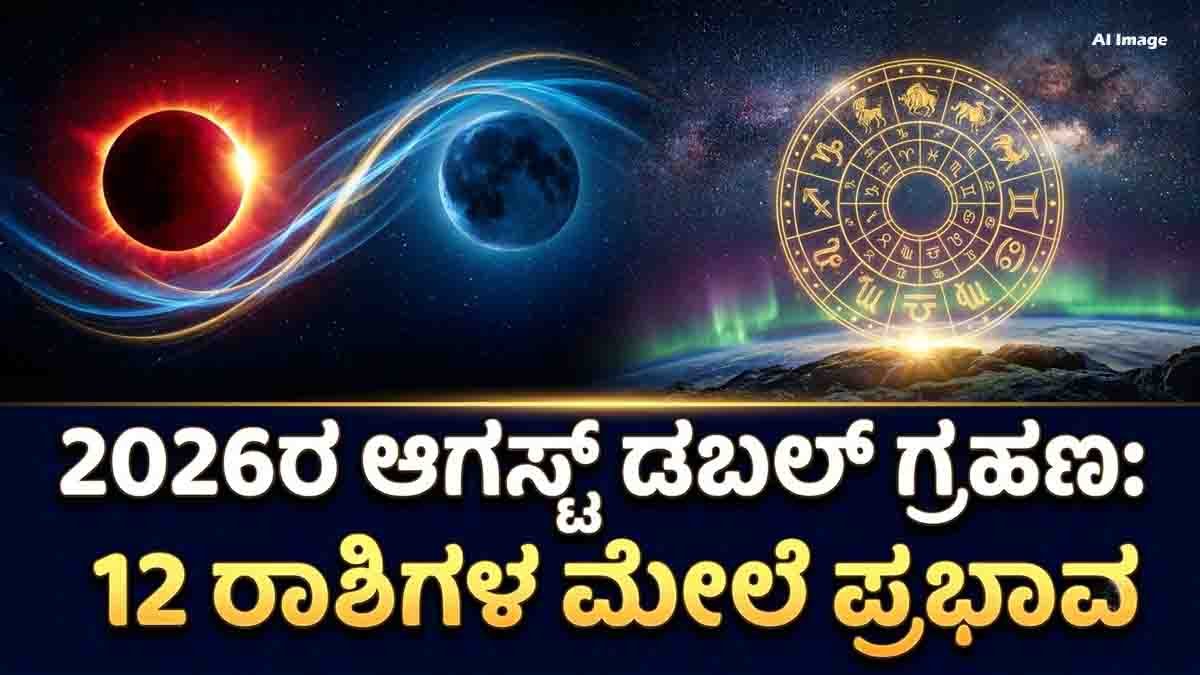 August 2026 Double Eclipse showing the Total Solar Eclipse and Partial Lunar Eclipse with all 12 zodiac signs and celestial background.