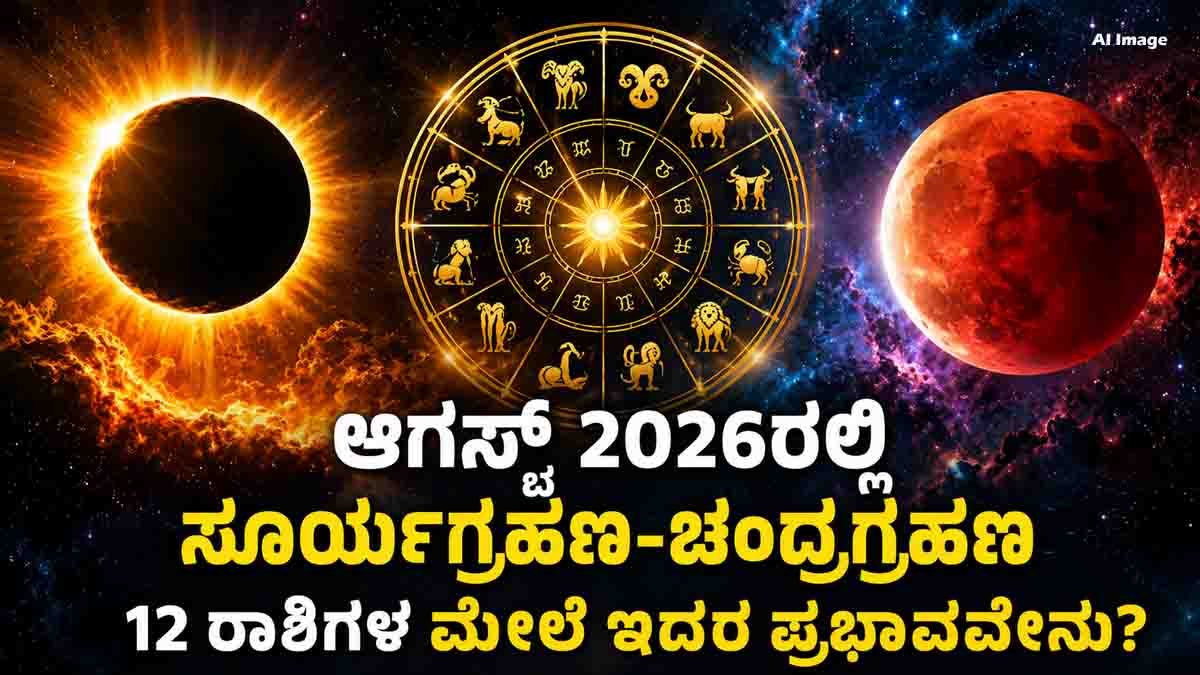 August 2026 Double Eclipse : ಆಗಸ್ಟ್ 2026ರಲ್ಲಿ ‘ಡಬಲ್ ಗ್ರಹಣ’ದ ಧಮಾಕ ! 12 ರಾಶಿಗಳ ಮೇಲೆ ಇದರ ಪ್ರಭಾವ ಹೇಗಿರಲಿದೆ? ಇಲ್ಲಿದೆ ಸಂಪೂರ್ಣ ವಿವರ 9 August 2026 Double Eclipse showing the Total Solar Eclipse and Partial Lunar Eclipse with all 12 zodiac signs and celestial background.