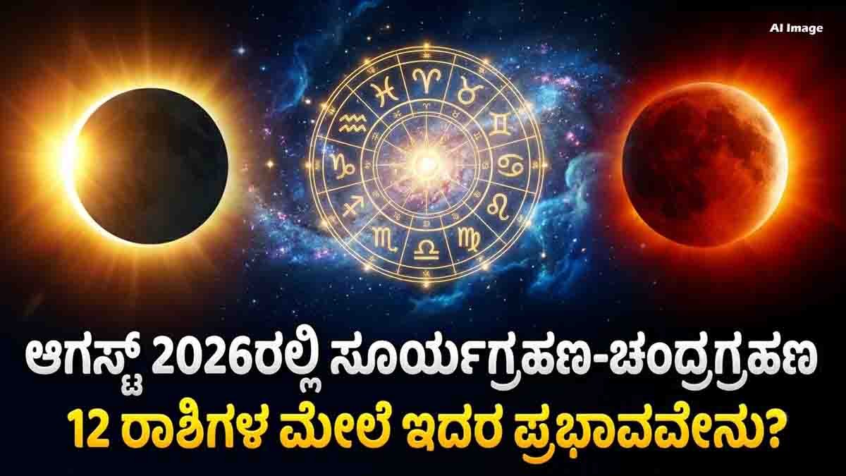 August 2026 Double Eclipse showing the Total Solar Eclipse and Partial Lunar Eclipse with all 12 zodiac signs and celestial background.