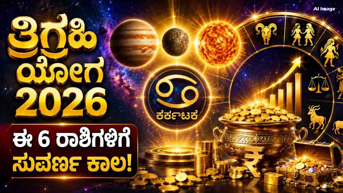 Lucky Zodiac Signs : ಆಗಸ್ಟ್ 2026 ತ್ರಿಗ್ರಹ ಯೋಗ, ಈ 6 ರಾಶಿಯವರಿಗೆ ಹಣ, ಉದ್ಯೋಗ, ಅದೃಷ್ಟದಲ್ಲಿ ಭರ್ಜರಿ ಬದಲಾವಣೆ? ಜ್ಯೋತಿಷ್ಯ ಏನು ಹೇಳುತ್ತದೆ? 3 August 2026 Trigraha Yoga in Cancer brings potential wealth, career growth, promotions, and financial success for Aries, Gemini, Cancer, Virgo, Libra, and Capricorn according to Vedic astrology.