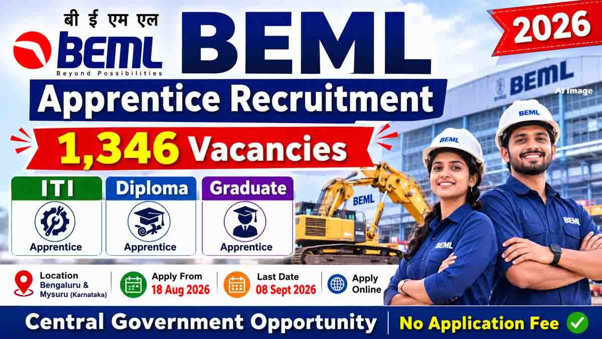 BEML Apprentice 2026 : ಬೆಂಗಳೂರು ಮತ್ತು ಮೈಸೂರಿನಲ್ಲಿ 1,346 ಅಪ್ರೆಂಟಿಸ್ ಹುದ್ದೆಗಳಿಗೆ ಅರ್ಜಿ ಆಹ್ವಾನ; ಸಂಪೂರ್ಣ ವಿವರ ಇಲ್ಲಿದೆ..! 2 BEML Apprentice Recruitment 2026 with 1,346 vacancies for ITI, Diploma and Graduate candidates