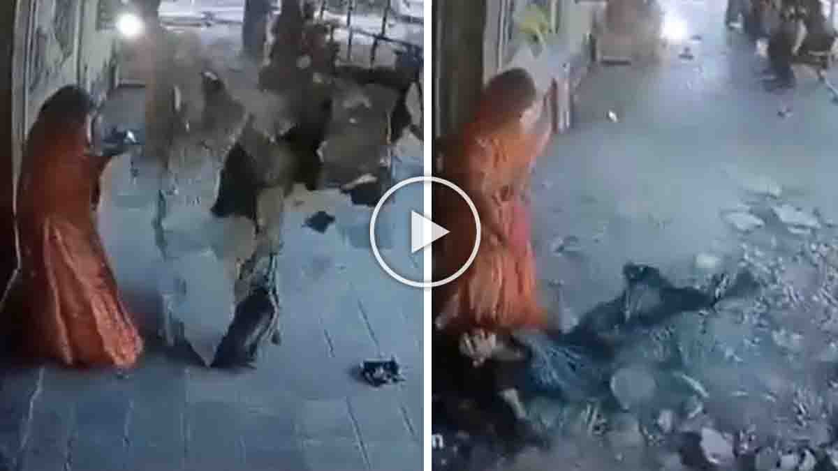 Churu Hospital Incident captured on CCTV as ceiling plaster collapses at Rajasthan Government Fatehpuriya Mother and Child Hospital, injuring a woman.
