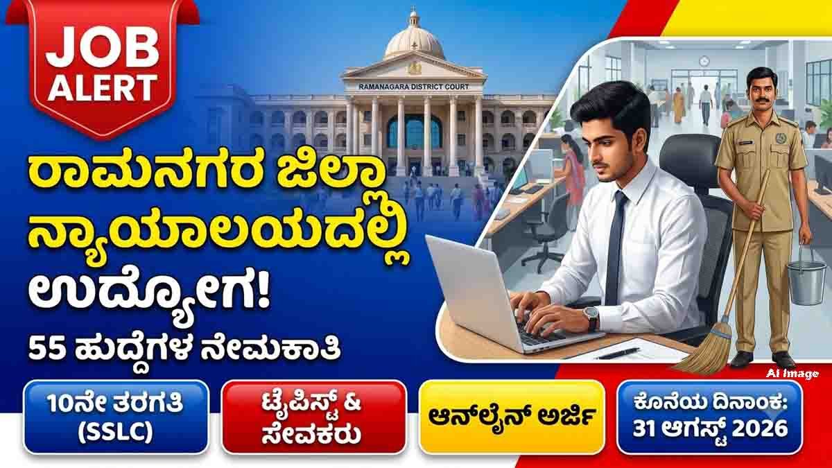 Job Alert: Ramanagara District Court Recruitment 2026 for 55 Typist and Servant posts. SSLC pass candidates can apply online before August 31, 2026.