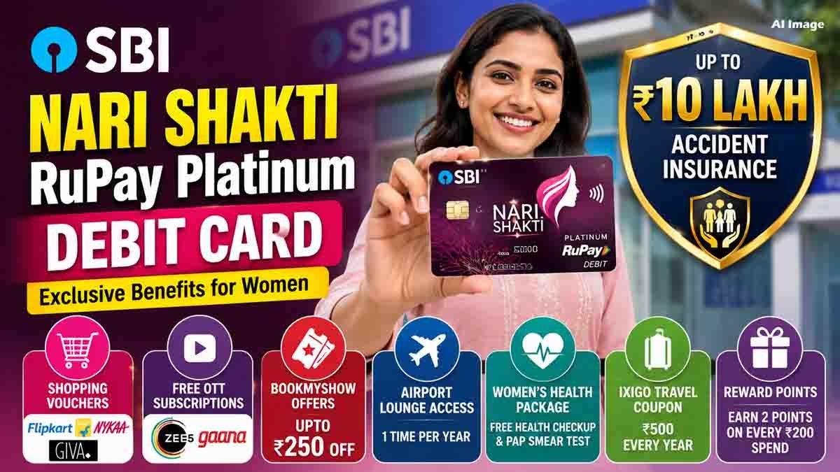 SBI Nari Shakti RuPay Platinum Debit Card benefits including ₹10 lakh accident insurance and shopping vouchers