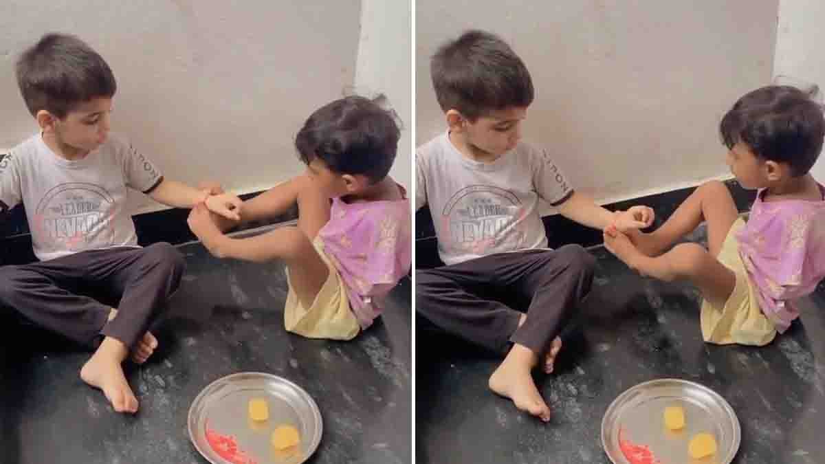 Sister ties rakhi to her brother using her feet during Raksha Bandhan