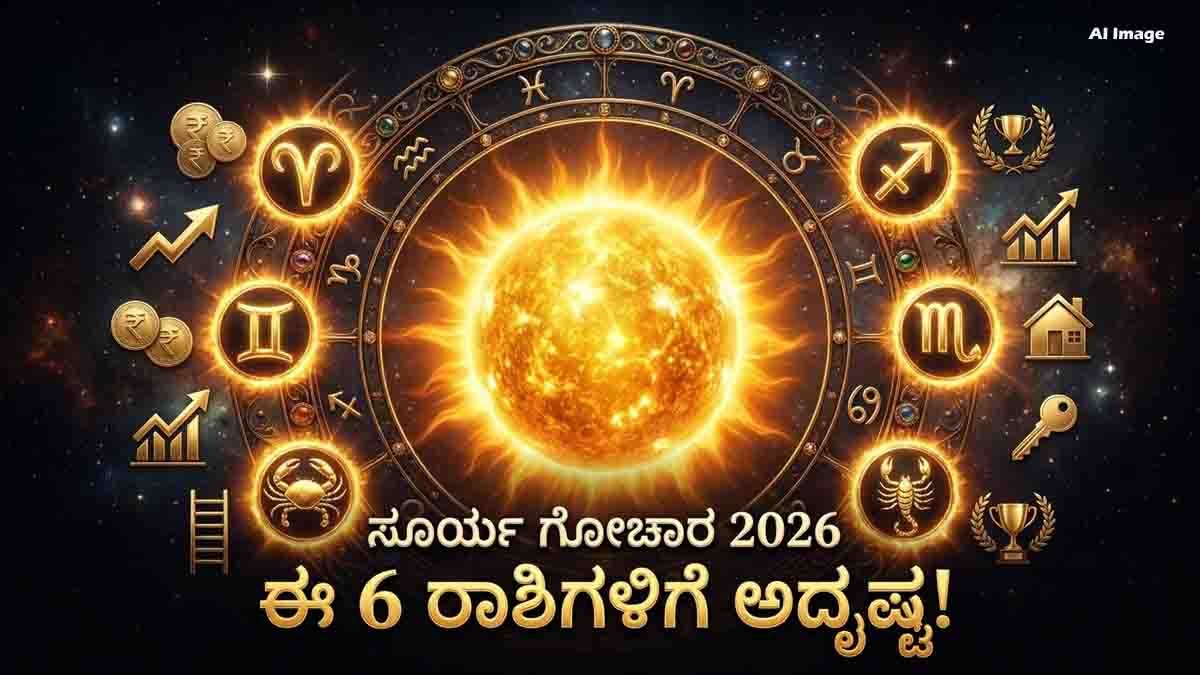 ಸೂರ್ಯ ಸಂಕ್ರಮಣ 2026 (Surya Gochar 2026) : ಮುಂದಿನ 1 ತಿಂಗಳು ಉದ್ಯೋಗ, ವ್ಯವಹಾರದಲ್ಲಿ ಬಂಪರ್ ಲಾಭ! ನಿಮ್ಮ ರಾಶಿಯೂ ಈ ಲಿಸ್ಟ್ನಲ್ಲಿದೆಯಾ? 2 Surya Gochar 2026 Sun transit in Leo bringing career and financial opportunities for six zodiac signs