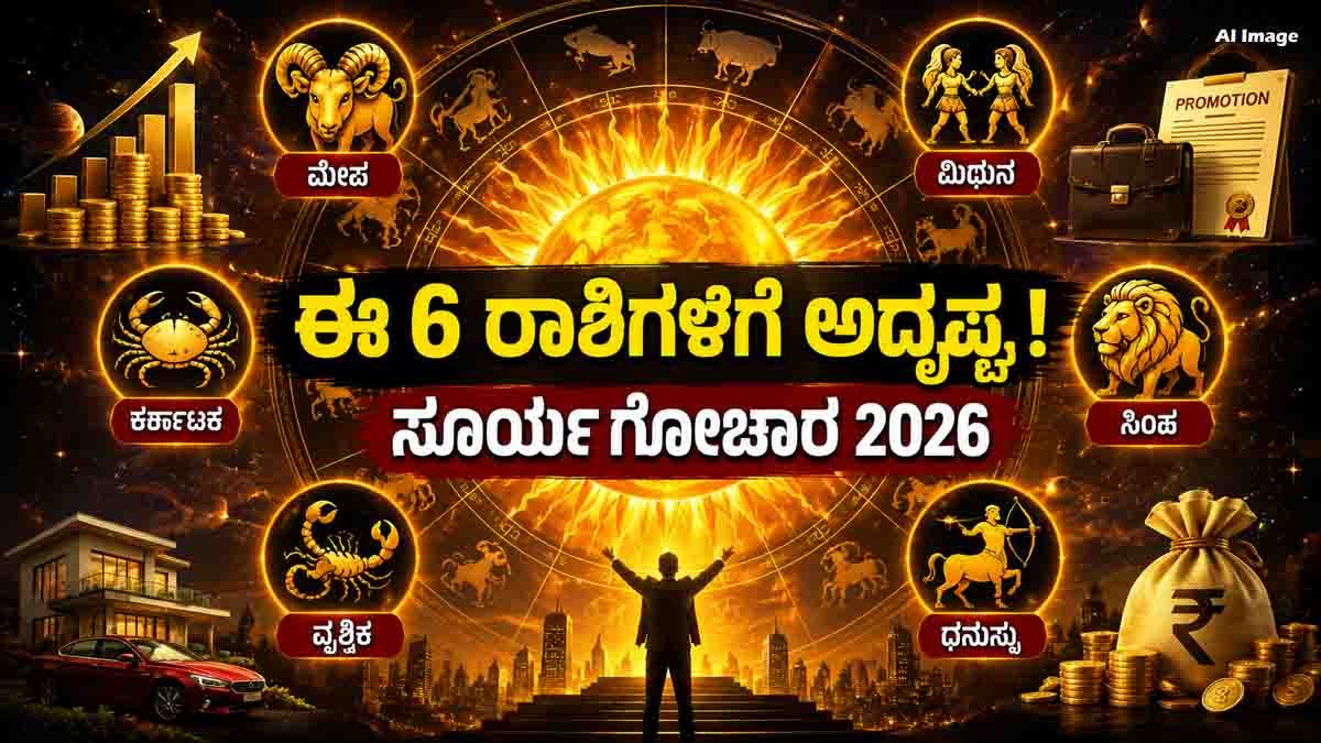 ಸೂರ್ಯ ಸಂಕ್ರಮಣ 2026 (Surya Gochar 2026) : ಮುಂದಿನ 1 ತಿಂಗಳು ಉದ್ಯೋಗ, ವ್ಯವಹಾರದಲ್ಲಿ ಬಂಪರ್ ಲಾಭ! ನಿಮ್ಮ ರಾಶಿಯೂ ಈ ಲಿಸ್ಟ್ನಲ್ಲಿದೆಯಾ? 1 Surya Gochar 2026 Sun transit in Leo bringing career and financial opportunities for six zodiac signs