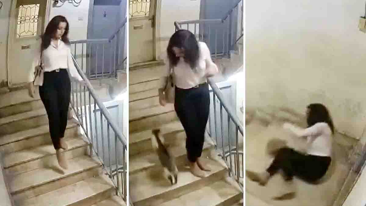 Egypt CCTV viral video showing a woman suddenly falling on stairs