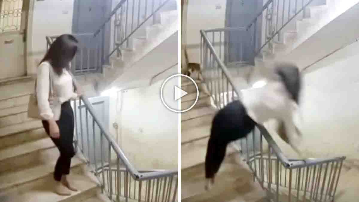 Egypt CCTV viral video showing a woman suddenly falling on stairs
