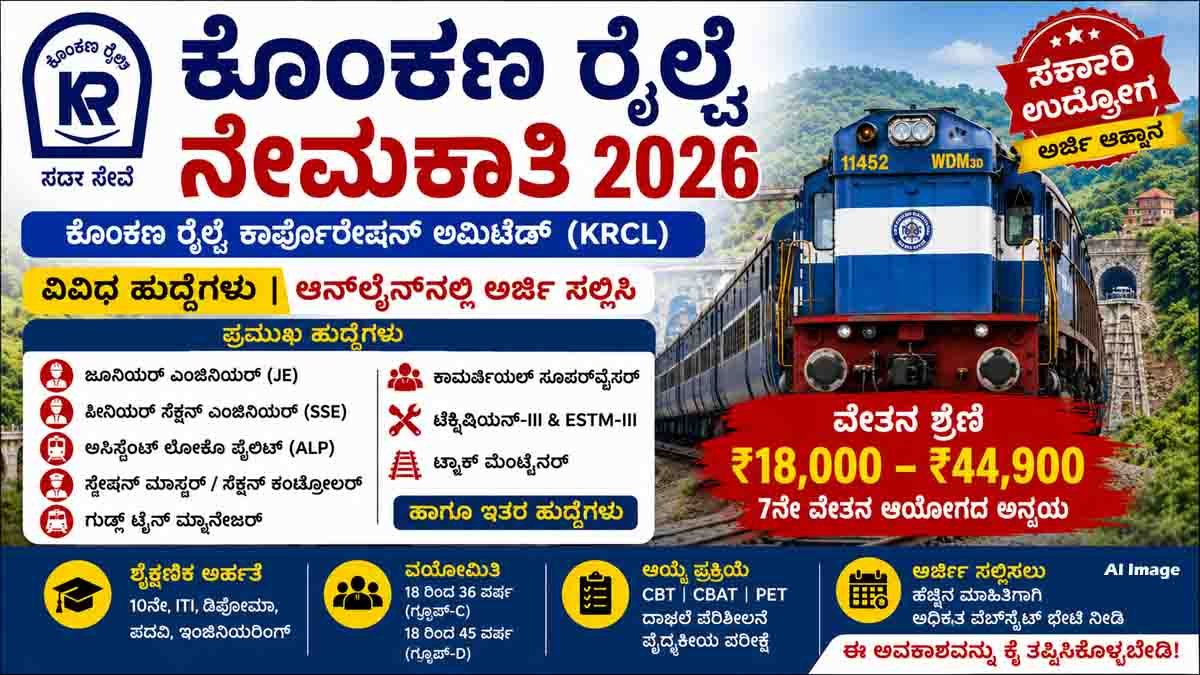 Konkan Railway Recruitment 2026 notification for Junior Engineer, Assistant Loco Pilot, Station Master, Technician and Track Maintainer vacancies with salary up to ₹44,900.