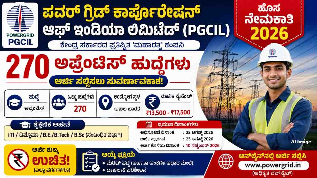 PGCIL Recruitment 2026 : ಪವರ್ ಗ್ರಿಡ್ ಕಾರ್ಪೊರೇಷನ್ನಲ್ಲಿ 270 ಅಪ್ರೆಂಟಿಸ್ ಹುದ್ದೆಗಳಿಗೆ ಬಂಪರ್ ಅವಕಾಶ! 1 PGCIL Recruitment 2026: 270 Apprentice Posts, Eligibility, Stipend, Apply Online