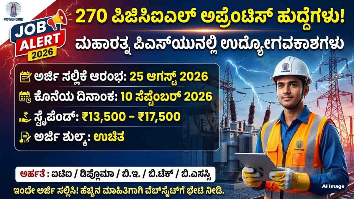 PGCIL Recruitment 2026 : ಪವರ್ ಗ್ರಿಡ್ ಕಾರ್ಪೊರೇಷನ್ನಲ್ಲಿ 270 ಅಪ್ರೆಂಟಿಸ್ ಹುದ್ದೆಗಳಿಗೆ ಬಂಪರ್ ಅವಕಾಶ! 3 PGCIL Recruitment 2026: 270 Apprentice Posts, Eligibility, Stipend, Apply Online