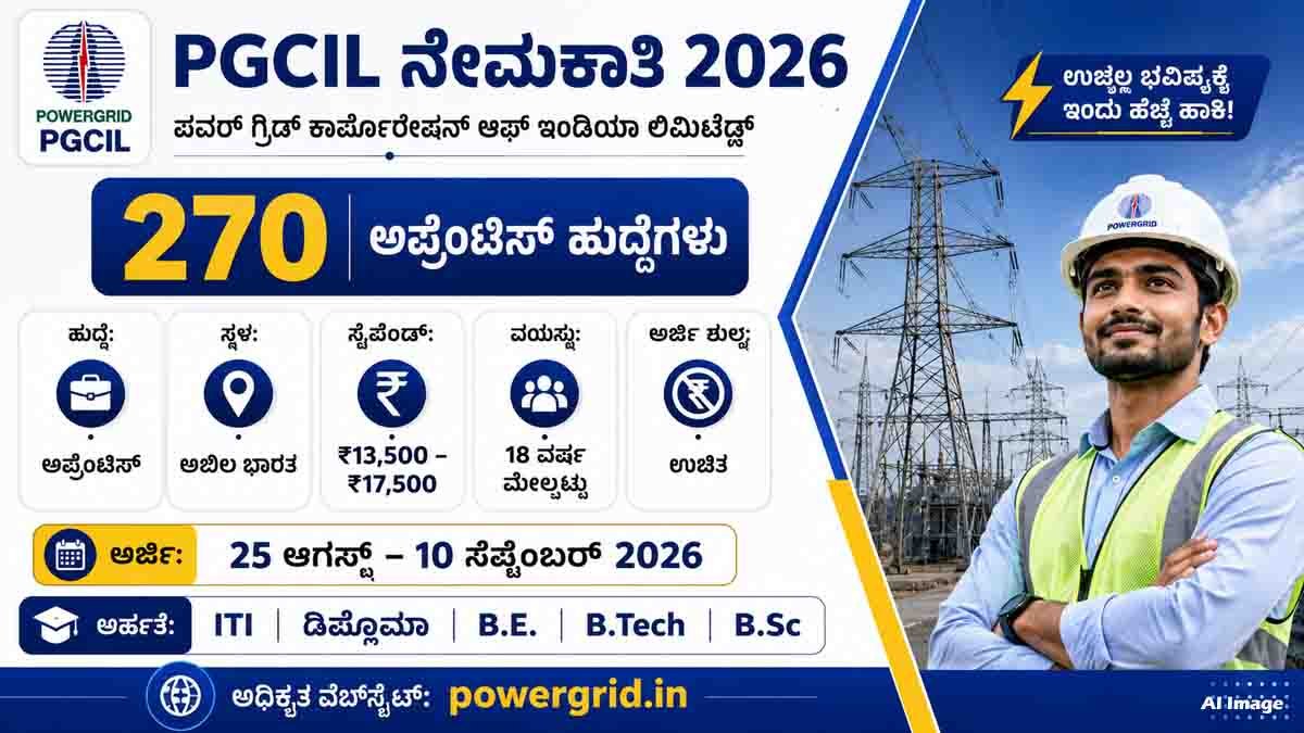 PGCIL Recruitment 2026 : ಪವರ್ ಗ್ರಿಡ್ ಕಾರ್ಪೊರೇಷನ್ನಲ್ಲಿ 270 ಅಪ್ರೆಂಟಿಸ್ ಹುದ್ದೆಗಳಿಗೆ ಬಂಪರ್ ಅವಕಾಶ! 2 PGCIL Recruitment 2026: 270 Apprentice Posts, Eligibility, Stipend, Apply Online