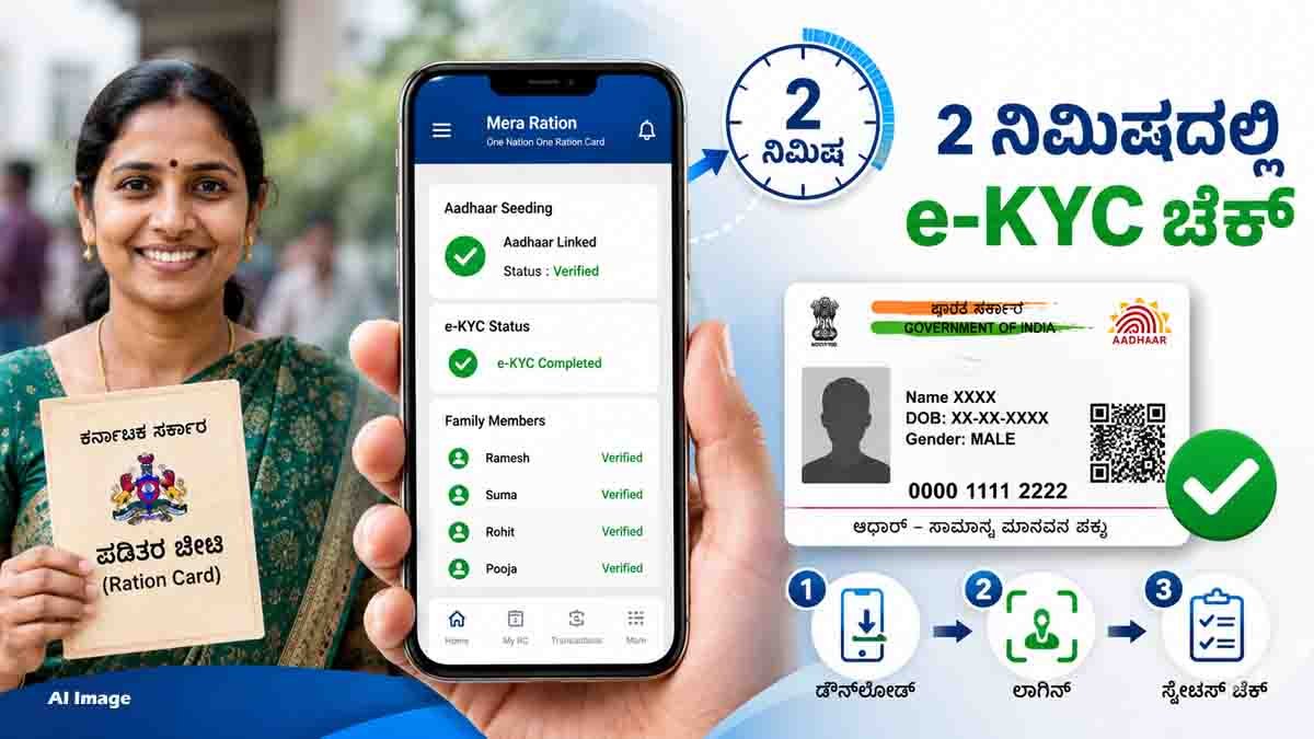 How to check Ration Card e-KYC status online using Aadhaar and mobile in Karnataka.