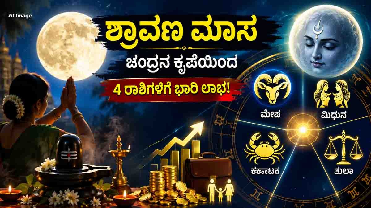 Shravan Masa Astrology showing four lucky zodiac signs receiving Moon’s blessings