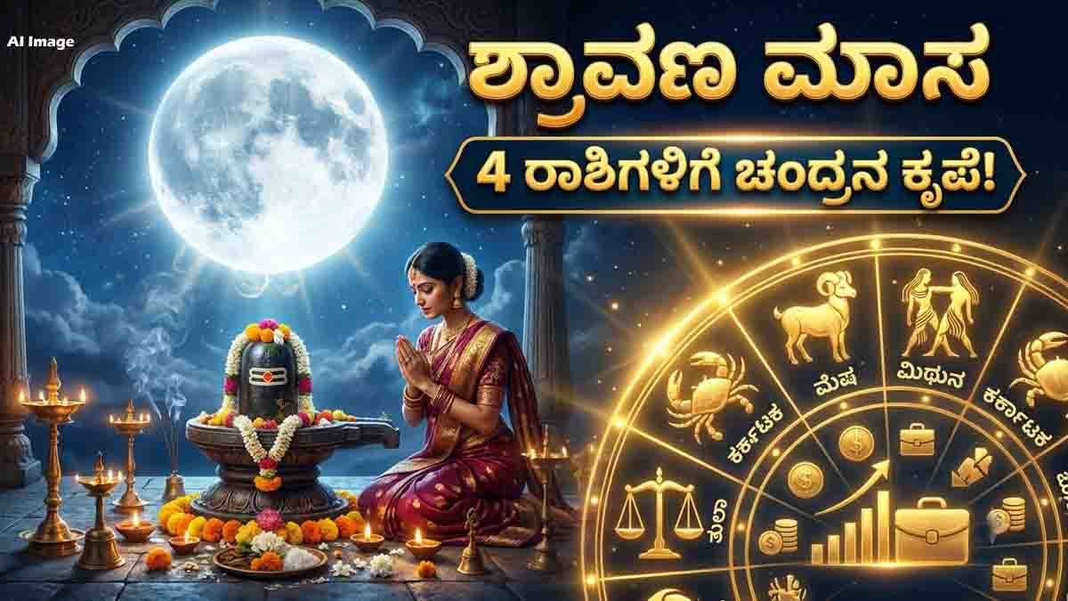 Shravan Masa Astrology : ಶ್ರಾವಣದಲ್ಲಿ ಚಂದ್ರಬಲ, ಈ 4 ರಾಶಿಯವರ ಬದುಕಿನಲ್ಲಿ ಸುವರ್ಣ ಕಾಲ ಆರಂಭ, ಹರಿದು ಬರಲಿದೆ ಸಂಪತ್ತು! 1 Shravan Masa Astrology showing four lucky zodiac signs receiving Moon’s blessings