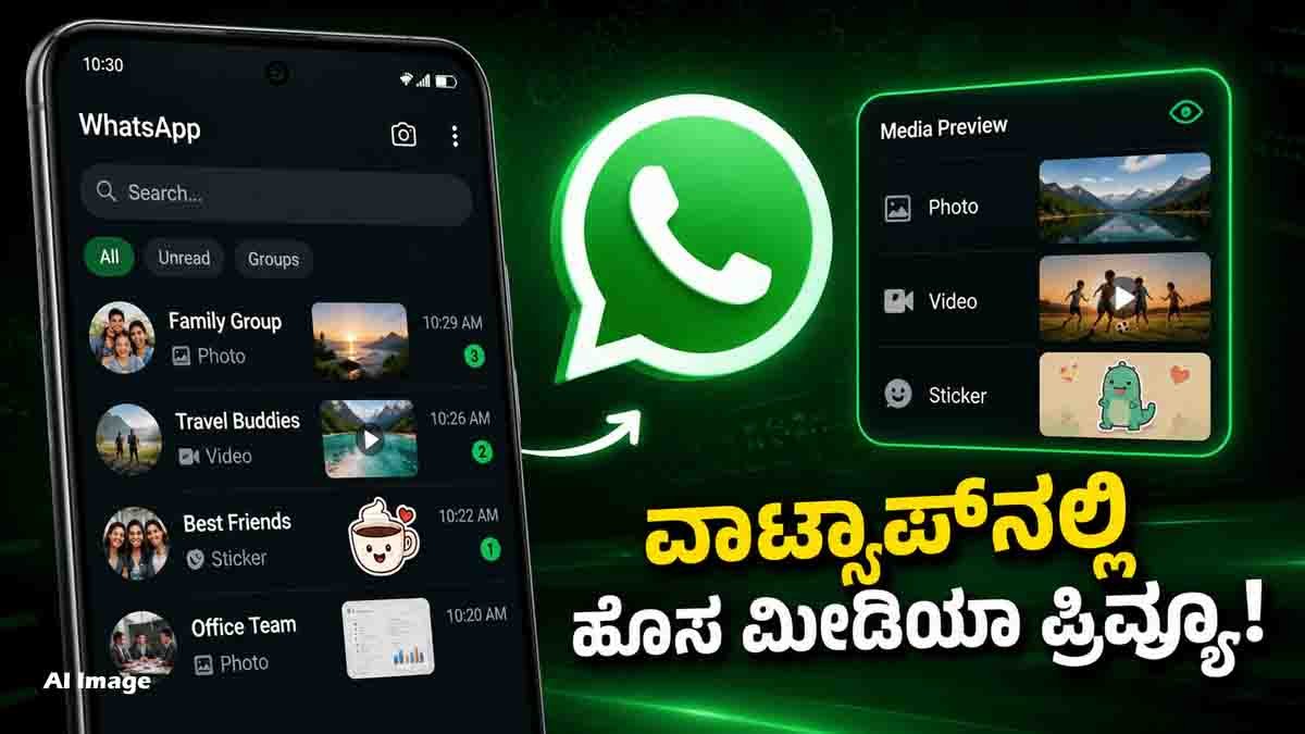 WhatsApp Media Preview feature showing photo, video and sticker thumbnails in the chat list