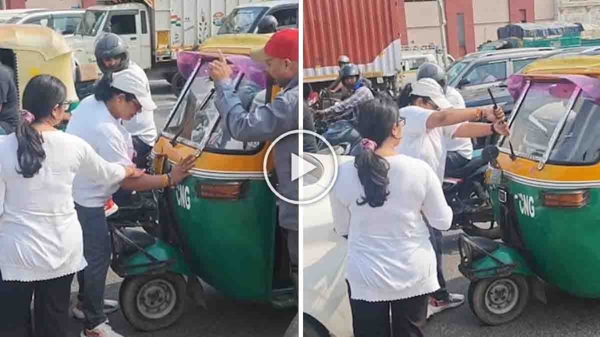 Delhi auto rickshaw video showing a woman allegedly damaging an auto-rickshaw outside a metro station