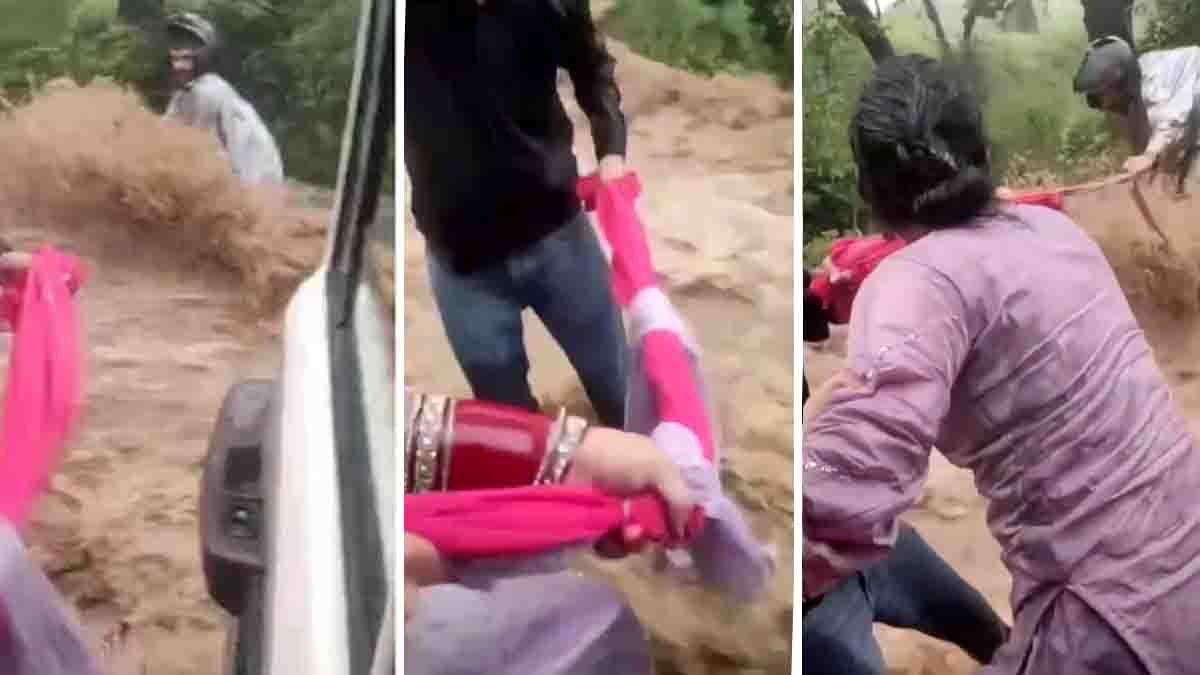 Chamba Biker Rescue : ಹಿಮಾಚಲದಲ್ಲಿ ರಭಸವಾಗಿ ಹರಿಯುತ್ತಿದ್ದ ಪ್ರವಾಹದಿಂದ ಬೈಕ್ ಸವಾರನನ್ನು ರಕ್ಷಿಸಿದ ನವವಿವಾಹಿತೆ..! 2 Chamba biker rescue as two women use a dupatta to save a stranded biker from raging floodwaters in Himachal Pradesh