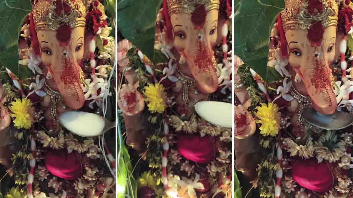 Lord Ganesha Milk Drinking : ಚಮಚದಲ್ಲಿ ಗಣಪತಿಗೆ ಹಾಲುಣಿಸಿದ ಮಹಿಳೆ, ಇಂಟರ್ನೆಟ್ನಲ್ಲಿ ತೀವ್ರ ಸಂಚಲನ ಮೂಡಿಸಿದ ವೈರಲ್ ವಿಡಿಯೋ! 1 Lord Ganesha milk drinking from a spoon in viral video