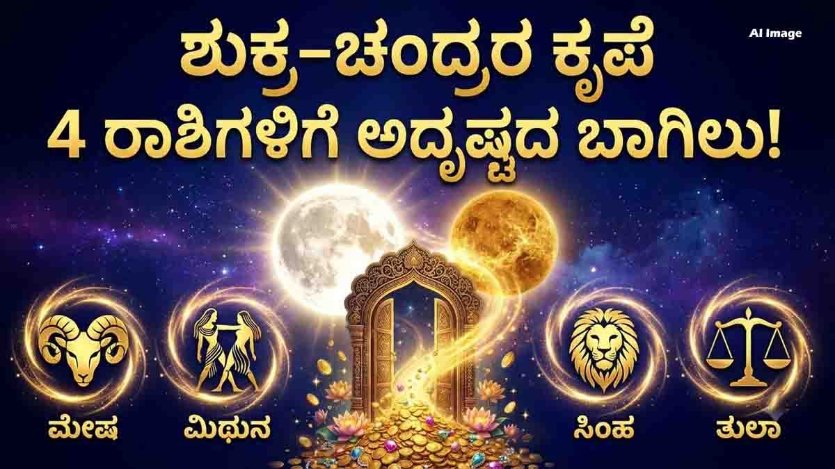 Navpancham Rajyoga formed by Venus and Moon bringing career, financial and business success to Aries Gemini Leo and Libra zodiac signs