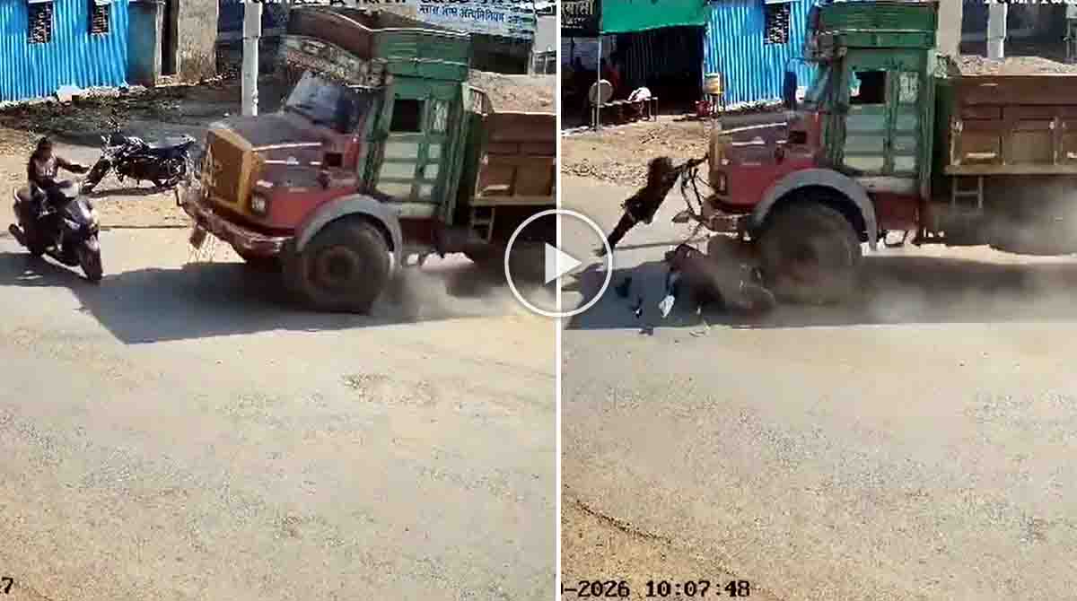 Ahilyanagar viral video showing a woman narrowly escaping a sand truck accident on Belapur Road in Maharashtra.