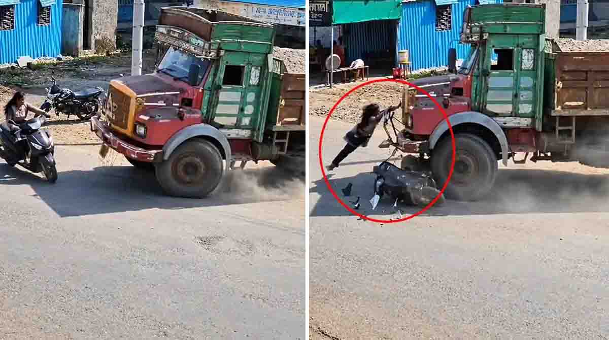 Ahilyanagar viral video showing a woman narrowly escaping a sand truck accident on Belapur Road in Maharashtra.