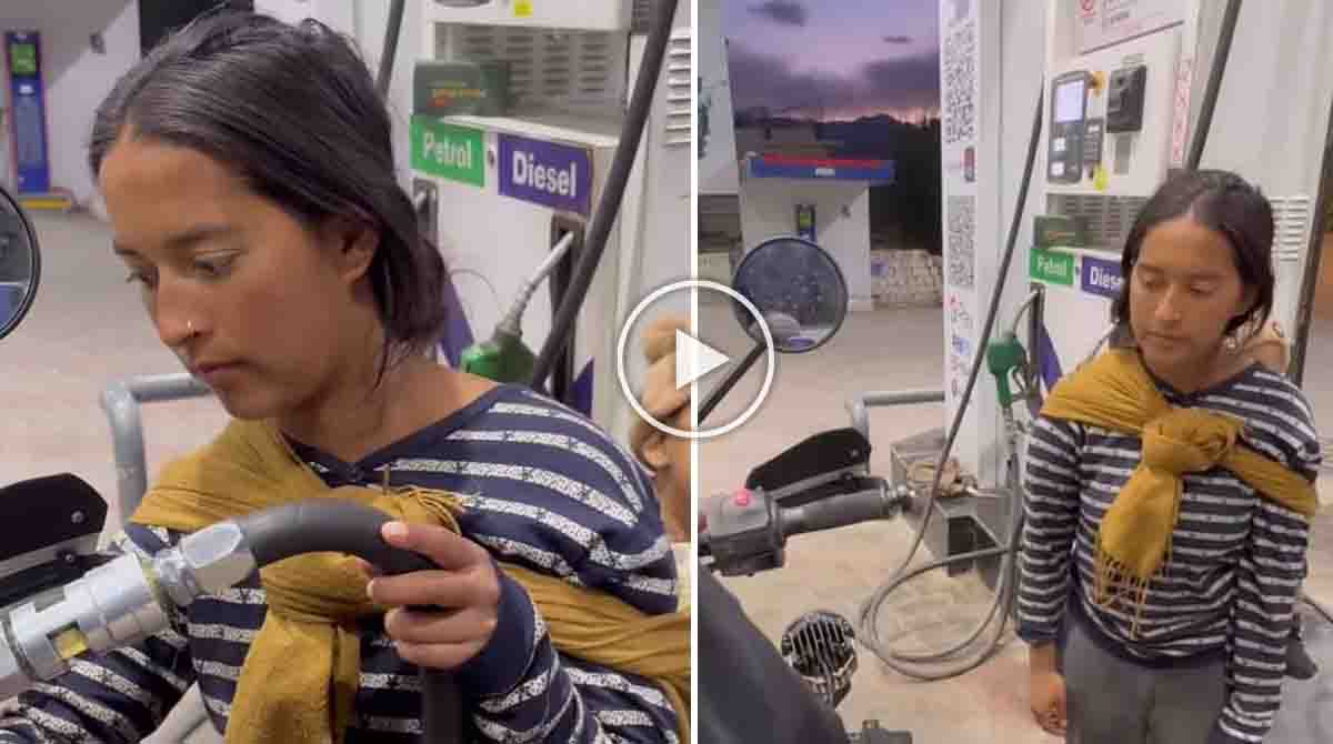 Ladakh mother viral video shows a hardworking woman balancing her petrol pump job and caring for her infant.
