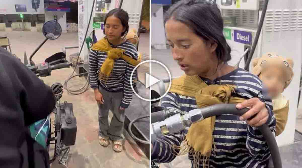 Ladakh mother viral video shows a hardworking woman balancing her petrol pump job and caring for her infant.