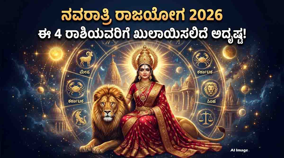 Navratri 2026 astrology predictions featuring Goddess Durga and four zodiac signs believed to experience good fortune.