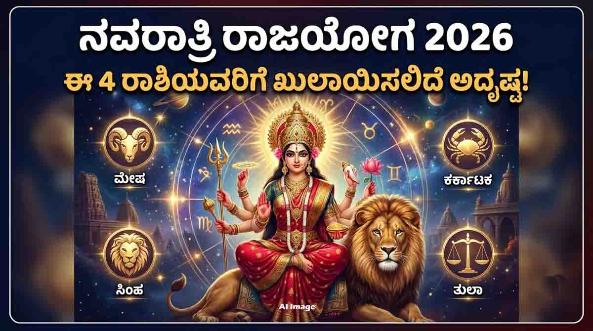 Navratri 2026 astrology predictions featuring Goddess Durga and four zodiac signs believed to experience good fortune.
