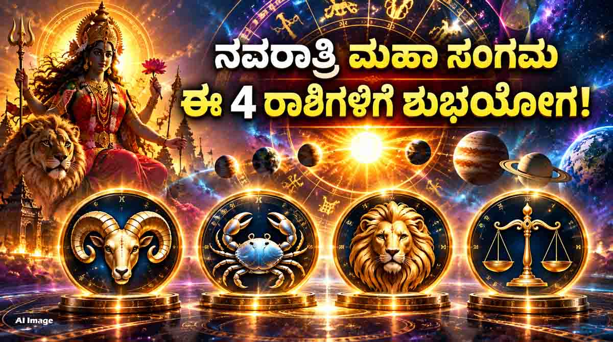 Navratri 2026 astrology predictions featuring Goddess Durga and four zodiac signs believed to experience good fortune.