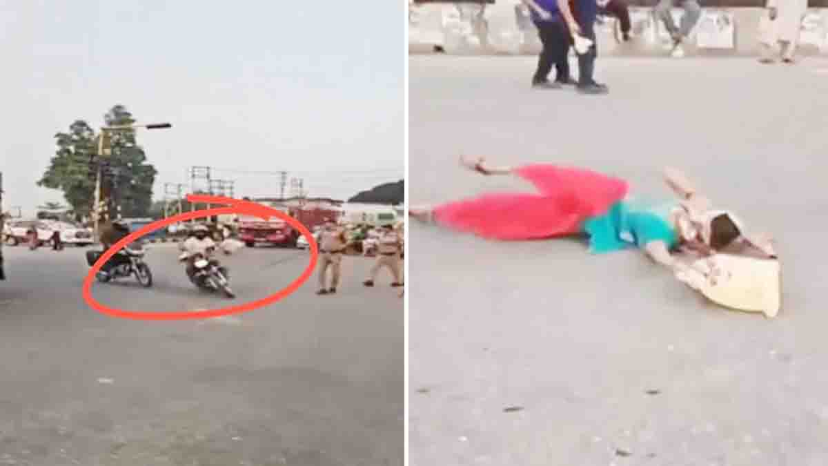 Rudrapur viral video reportedly shows a woman falling from a motorcycle as the rider attempts to escape traffic police.